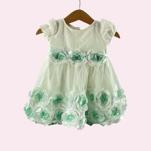 Nanette Baby Girl Dress 6-9 Mo White Satin Tulle w Blue Rosettes Special Party